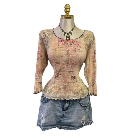 90s Vintage White Mesh W/ Black Red Beige Tie-dye Lining Top  [L]