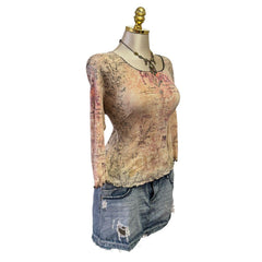 90s Vintage Pink Green Flower Print W Sequin Top [XL]