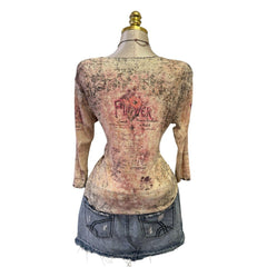 90s Vintage Pink Green Flower Print W Sequin Top [XL]
