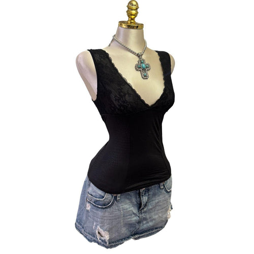 Y2K Vintage Black Lace Snakeskin Paris Top  [M]