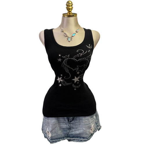 Y2K Vintage Madonna Black Silver Heart Star Sequin Top [M]