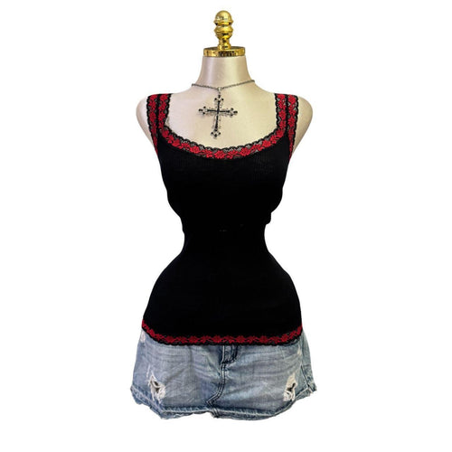 Y2K Vintage Black Red Lace Trim Tank Top [S]