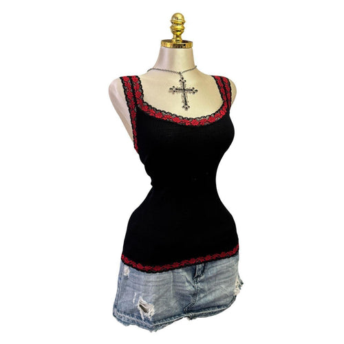 Y2K Vintage Black Red Lace Trim Tank Top [S]