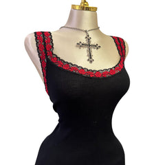 Y2K Vintage Black Red Lace Trim Tank Top [S]
