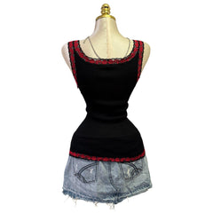 Y2K Vintage Black Red Lace Trim Tank Top [S]