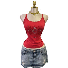 Y2K Vintage Espirit Red Bedazzled Embroidered Top [M]