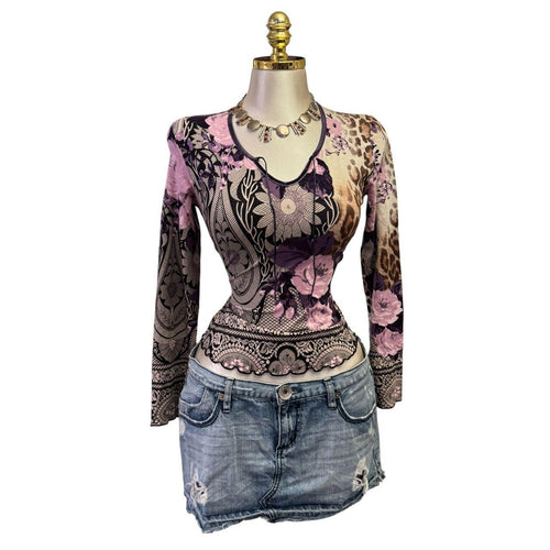 Y2K Vintage Purple Tie Front Floral Long Sleeve Top  [S]