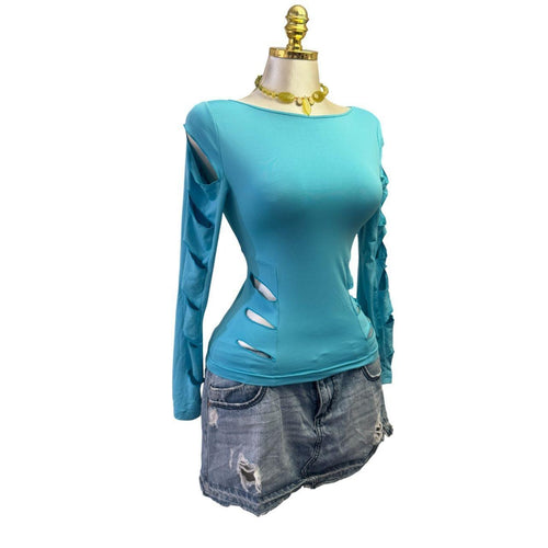 Y2K Vintage Blue Aqua Cut Out Long Sleeve Top [S]