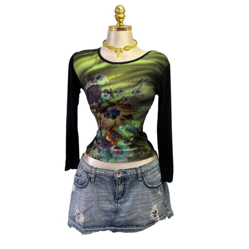 Y2K Vintage Green Black Purple Floral Top [S]