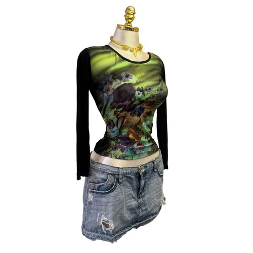 Y2K Vintage Green Black Purple Floral Top [S]