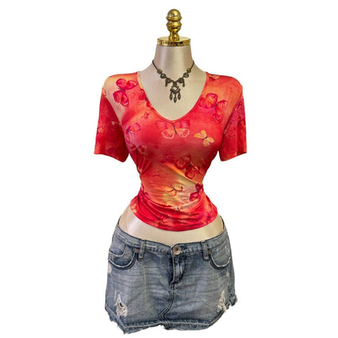 90s Vintage White Mesh W/ Black Red Beige Tie-dye Lining Top  [L]