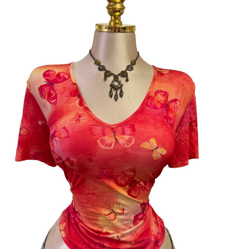 90s Vintage Red Yellow Butterfly Short Sleeve Top  [L]