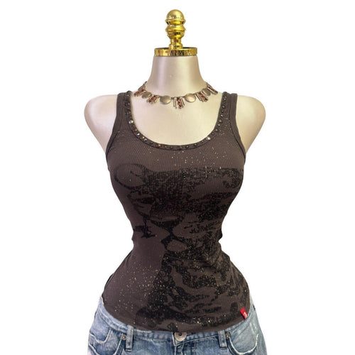Y2K Vintage Brown Gold Cheetah Sparkle Top [S]