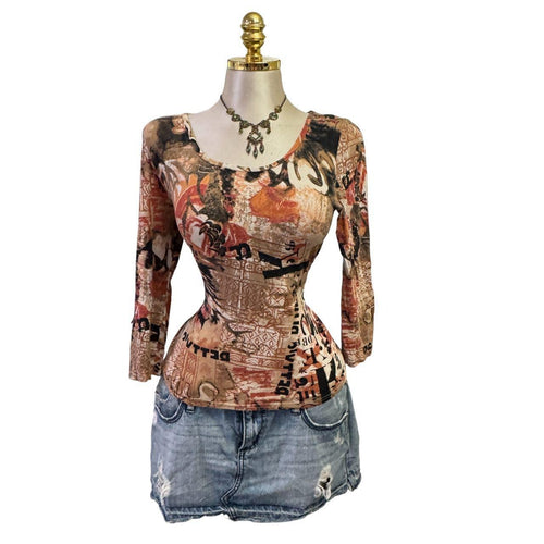 90s Vintage Orange Black Graffiti Top [L]