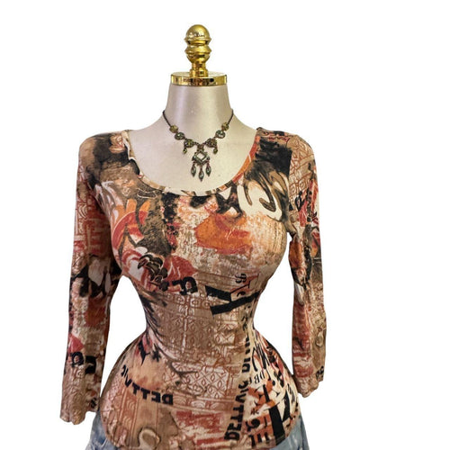 90s Vintage Orange Black Graffiti Top [L]