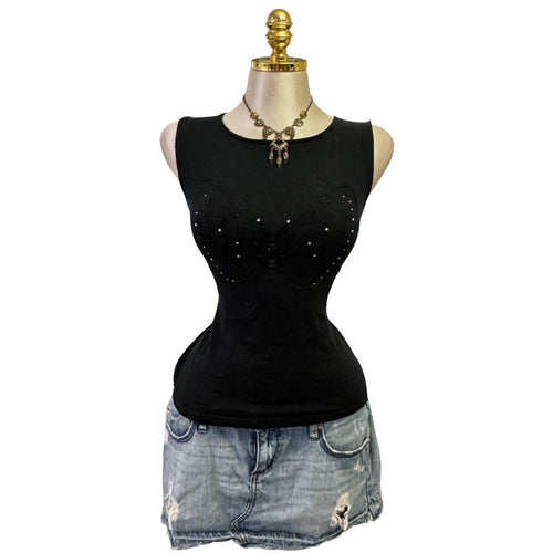 90s Vintage Black Butterfly Sequin Top  [L]