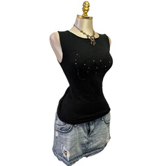 90s Vintage Black Butterfly Sequin Top  [L]