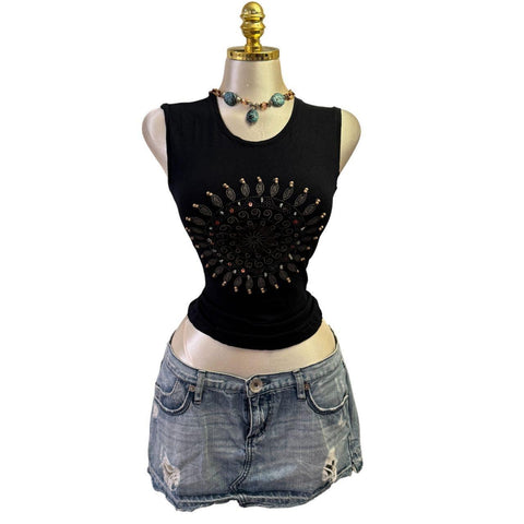 Y2K Vintage Desigual Red Black Beaded Sequin Asymmetrical Neck Top [S]