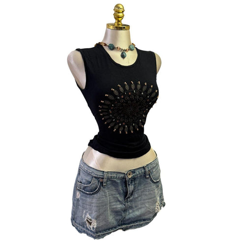 90s Vintage Black Pattern Beads Sequin Top [XS]