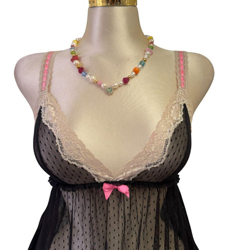 Y2K Vintage Black Polka Dot Sheer Ivory Lace Trim Pink Ribbon Top [S]