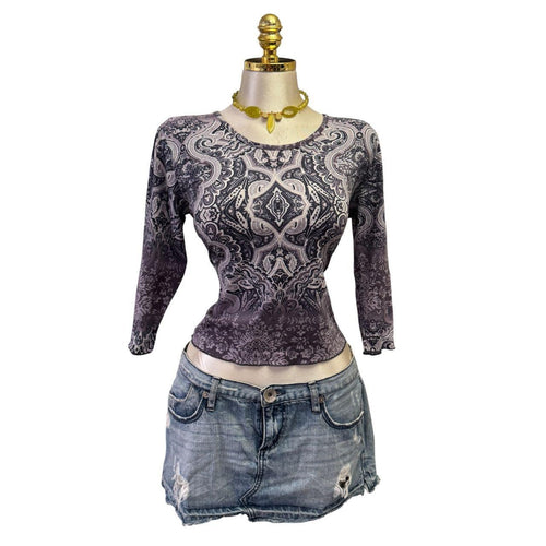90s Vintage Blue Gray Purple Floral Artsy Top [L]