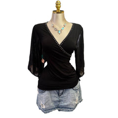 Y2K Vintage Black Rhinestone Sheer Butterfly Sleeve Cut Out Sleeve Top  [M]