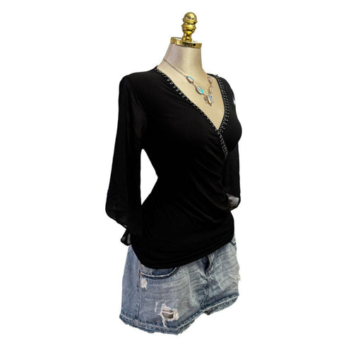 Y2K Vintage Black Rhinestone Sheer Butterfly Sleeve Cut Out Sleeve Top  [M]