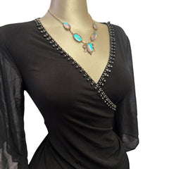 Y2K Vintage Black Rhinestone Sheer Butterfly Sleeve Cut Out Sleeve Top  [M]