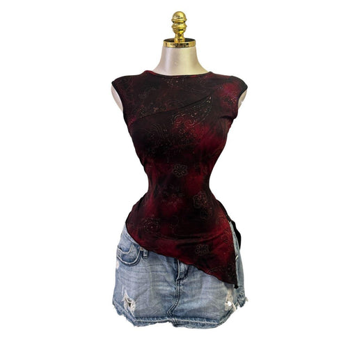 Y2K Vintage Black Red Floral Glitter Asymmetrical Top [M]