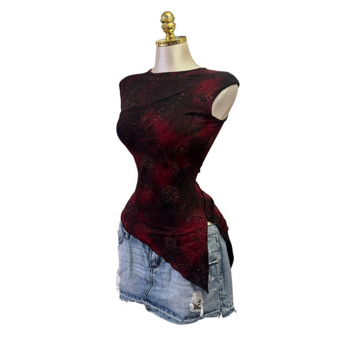 Y2K Vintage Black Red Floral Glitter Asymmetrical Top [M]