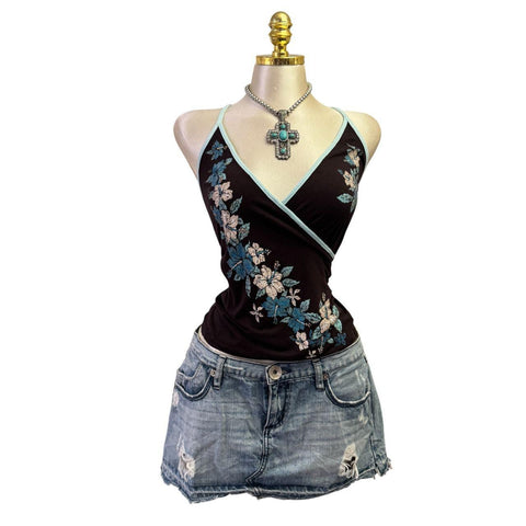Y2k Vintage White Zipper Collared Halter Top [S]