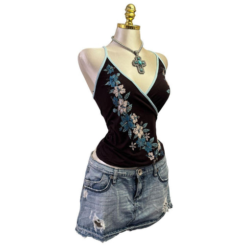 Y2K Vintage Brown Blue Flowers Sequin Tank Top [S]