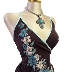 Y2K Vintage Brown Blue Flowers Sequin Tank Top [S]