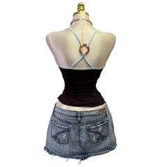 Y2K Vintage Brown Blue Flowers Sequin Tank Top [S]