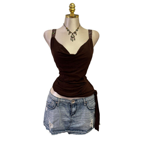 90s Vintage White Mesh W/ Black Red Beige Tie-dye Lining Top  [L]
