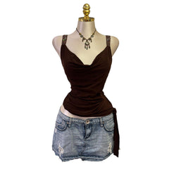 90s Vintage Brown Cowl Neck Teal Sequin Straps Top [XL]