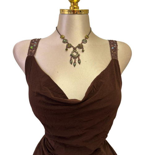 90s Vintage Brown Cowl Neck Teal Sequin Straps Top [XL]