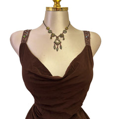 90s Vintage Brown Cowl Neck Teal Sequin Straps Top [XL]