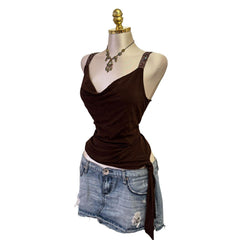 90s Vintage Brown Cowl Neck Teal Sequin Straps Top [XL]