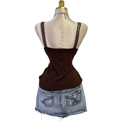 90s Vintage Brown Cowl Neck Teal Sequin Straps Top [XL]
