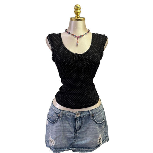 90s Vintage Black Polka Dot Ruched Top  [XS]