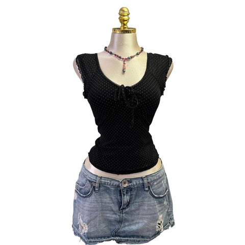 Y2K Vintage Desigual Red Black Beaded Sequin Asymmetrical Neck Top [S]