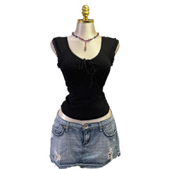 90s Vintage Black Polka Dot Ruched Top  [XS]