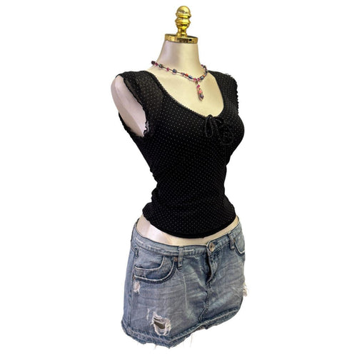 90s Vintage Black Polka Dot Ruched Top  [XS]