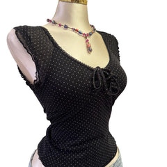 90s Vintage Black Polka Dot Ruched Top  [XS]