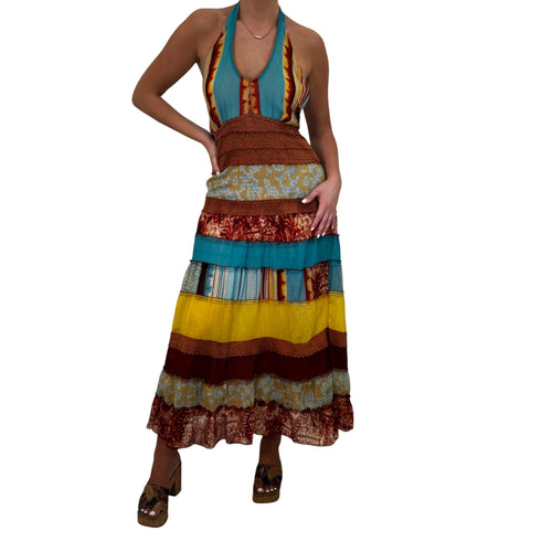 Y2k Vintage Blue + Brown Patchwork Halter Maxi Dress [XL]