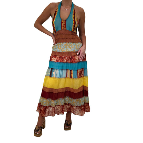 Y2k Vintage Blue + Brown Patchwork Halter Maxi Dress [XL]