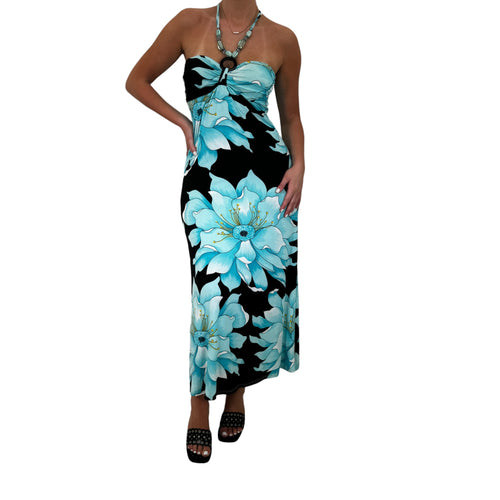 Y2k Vintage Black + Blue Floral Charms Halter Maxi Dress [S]