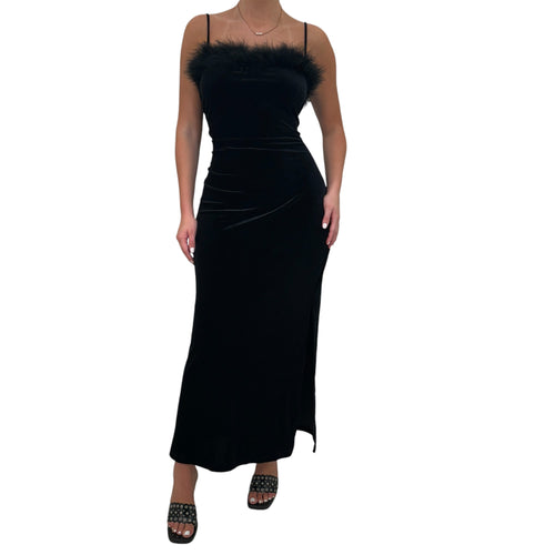 Y2k Vintage Black Faux Fur Maxi Gown Dress [XXL]