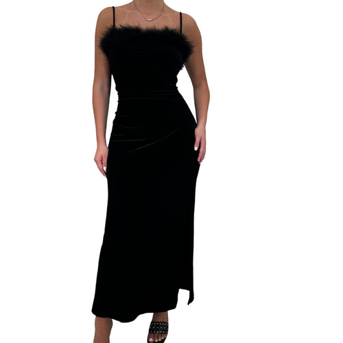 Y2k Vintage Black Faux Fur Maxi Gown Dress [XXL]